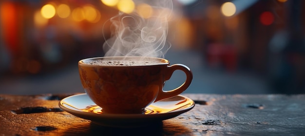 Steaming cup of coffee on table morning shot with blurred background and copy space