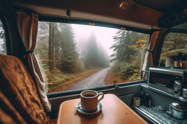 Steaming cup of coffee in a van life campervan living the slow life Generative AI illustration