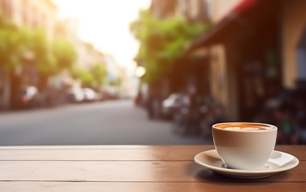 Photo a steaming cup of coffee with a heartshaped latte art sits on a wooden table