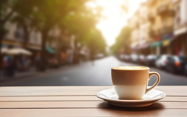 A steaming cup of coffee with a heartshaped latte art sits on a wooden table