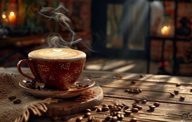 A steaming cup of coffee with latte art on a saucer decorated with coffee beans on a rustic wooden table in a cozy kitchen setting