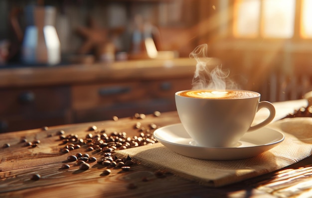 A steaming cup of coffee with latte art on a saucer decorated with coffee beans on a rustic wooden table in a cozy kitchen setting