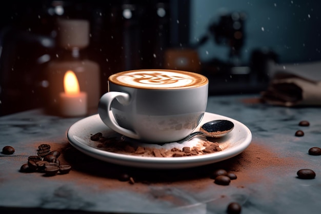 Foto una tazza di caffè al vapore con l'arte del latte circondata da chicchi di caffè e da un'atmosfera a lume di candela