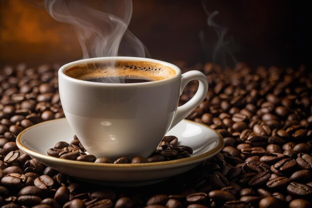 Steaming cup of coffee with roasted beans