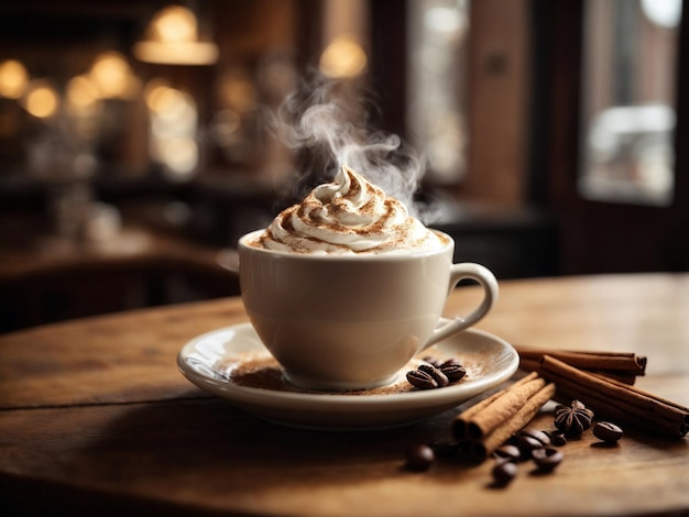 Photo a steaming cup of coffee with swirls of cream and a sprinkle of cinnamon