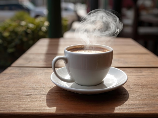 木のベンチに置かれた湯気の立つコーヒー