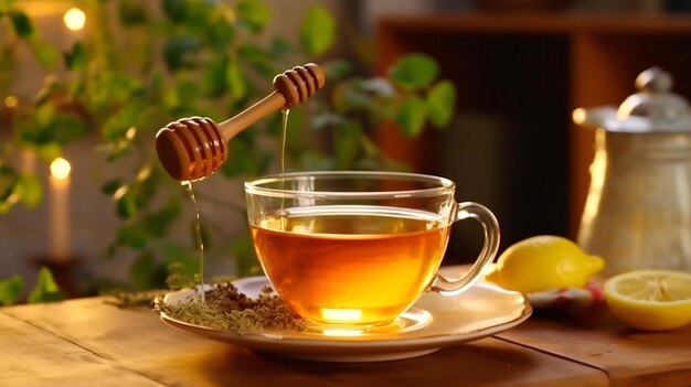 A steaming cup of fragrant herbal tea with honey