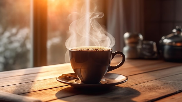 Steaming cup of freshly brewed black coffee Generative AI