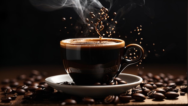淹れたてのコーヒーの湯気が立つカップ、コーヒー種子の周りを渦巻く黒い液体