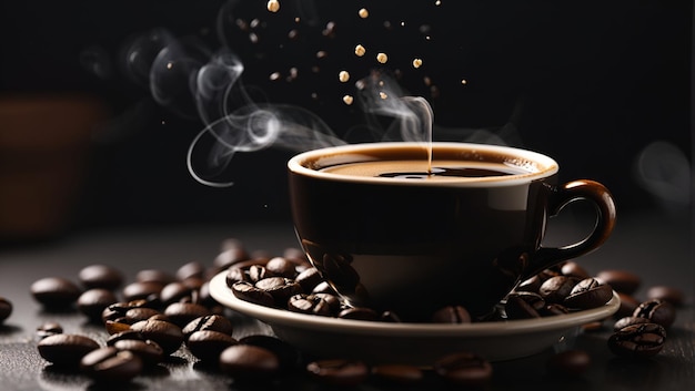 A steaming cup of freshly brewed coffee its dark liquid swirling around coffee seed