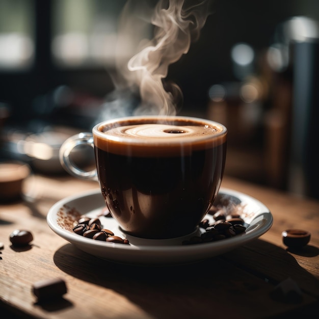 steaming cup of freshly brewed coffee