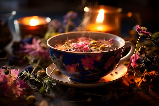 Steaming cup of herbal tea with fresh herbs and flowers closeup view