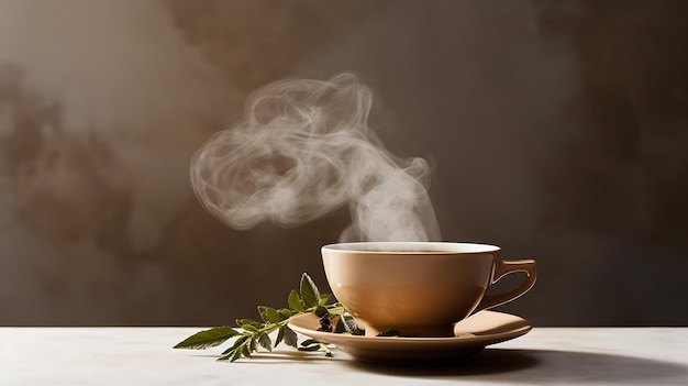 Steaming cup of herbal tea with a teabag on a neutral backdrop