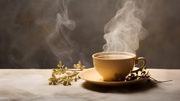 Парная чашка травяного чая с чайным пакетом на нейтральном фоне