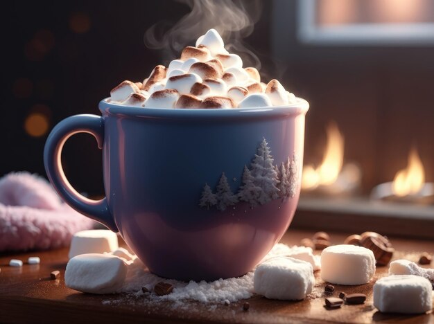 Photo steaming cup of hot cocoa with marshmallow toppings