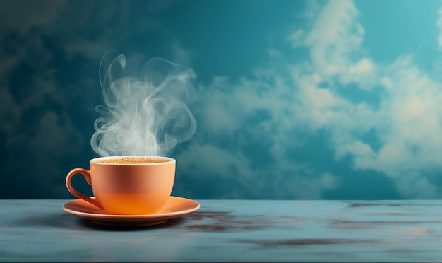 Steaming cup of hot coffee against pastel blue background Bright retro colors with copy space