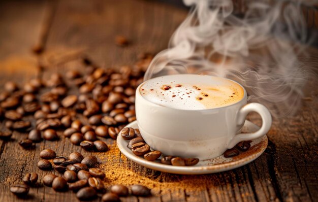 Парящая чашка кофе с лате, лежащая на деревянной поверхности, окруженная кофейными зернами и шерстью, вызывающая теплую уютную атмосферу