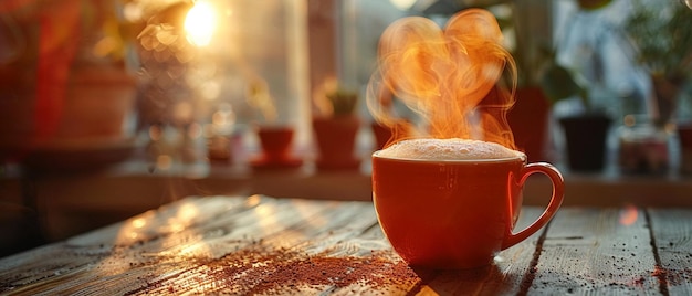 写真 ハート形の泡で蒸すコーヒーカップ
