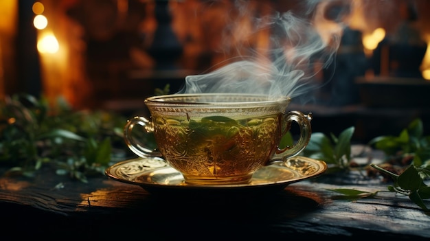 Steaming Cup of Tea on Table