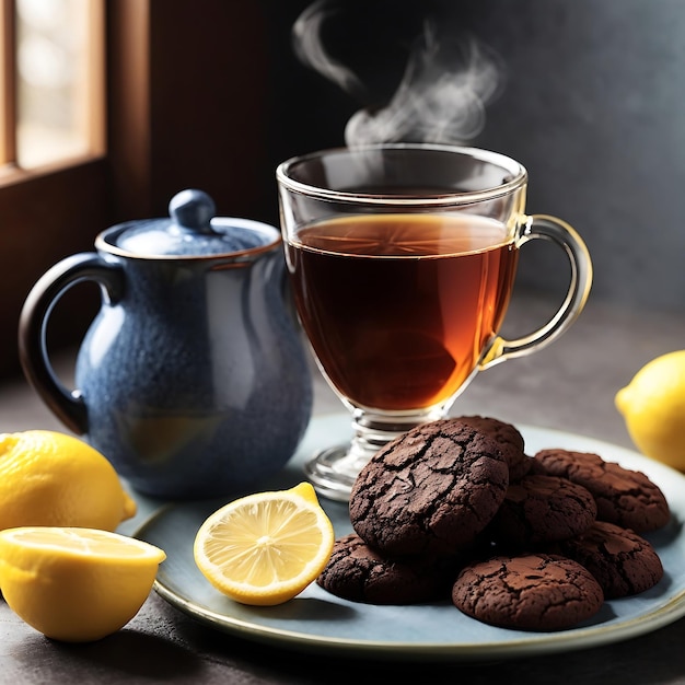 A steaming cup of tea with a side of freshlybaked cocoa cookies Ai Generated