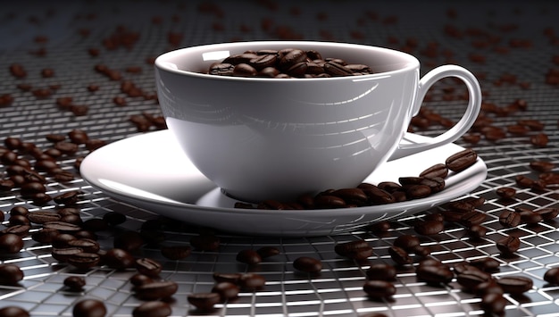 Steaming cup with water splash on gray background