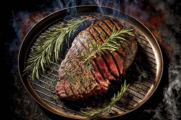 Photo steaming delicious flank steak cooked on grill with rosemary