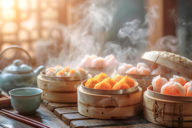 Photo steaming dim sum in bamboo steamers with teaxa