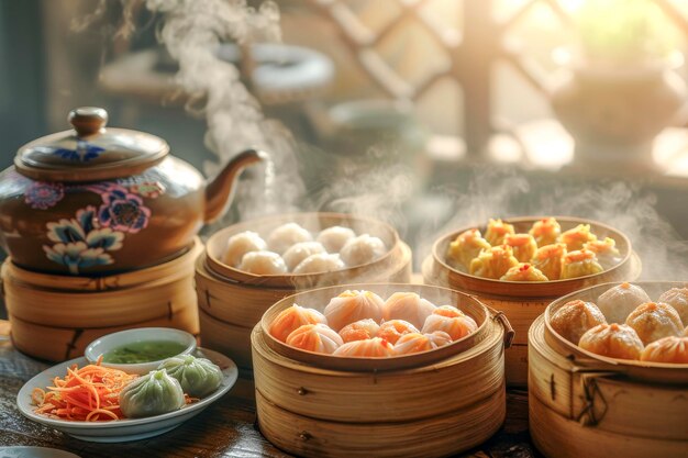 Steaming Dim Sum in Bamboo Steamers with TeaxA