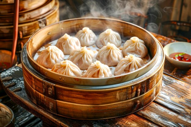 Steaming Dumplings in Bamboo Steamer on TablexA