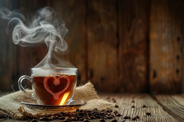 コーヒー豆に囲まれたガラスのカップに心の形の蒸し茶袋