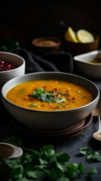 Steaming Hot Bowl of Dal Soup with Colorful Garnishes in India Perfect for Indian Cuisine Ads