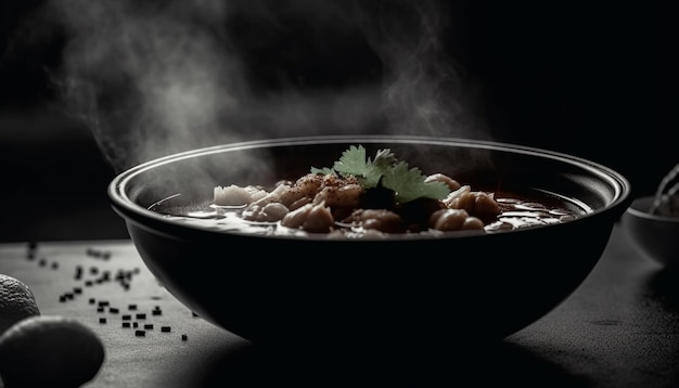 Steaming hot bowl of organic vegetable stew with cilantro garnish generated by AI