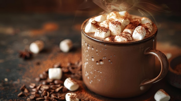 A steaming hot chocolate with marshmallows with cocoa powder dusting on top