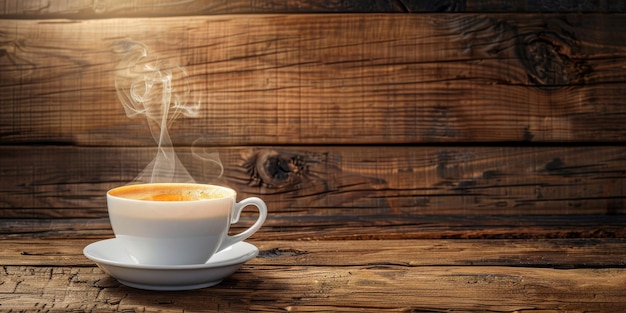 Steaming Hot Coffee Cup on Rustic Wooden Table Background