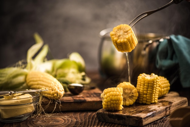 Steaming hot cooked corn