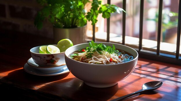 Photo steaming hot pho soup with beef and fresh herbs on rustic table