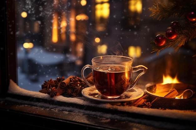 A steaming hot pot of mulled wine on a snowy window ledge with Christmas lights in the background