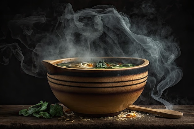 Steaming hot soup in a bowl made of wood and smoke discerning concentration