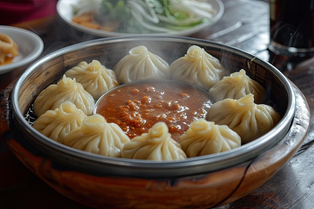 매운 디핑 소스와 함께 제공되는 증기 모모 맛있는 디핑 소스로 제공되는 모모