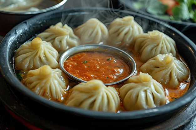 Steaming momos served with tangy dipping sauce Delicious momos served with tangy dipping sauce