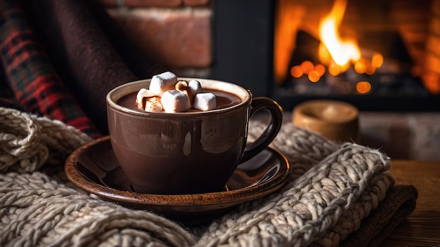 Foto una tazza di cacao al vapore con marshmallows vicino a un camino
