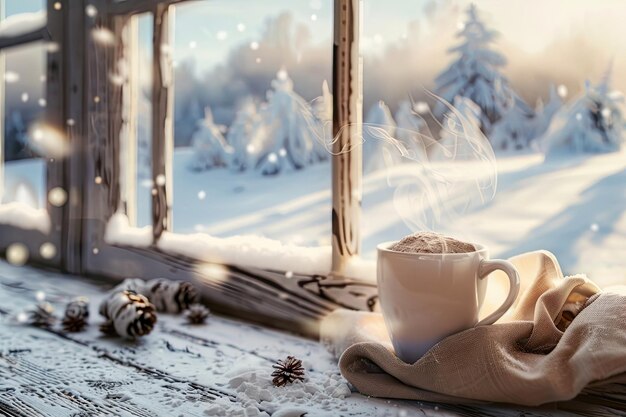 Photo steaming mug of hot cocoa on a wooden windowsill with a snowy landscape beyond