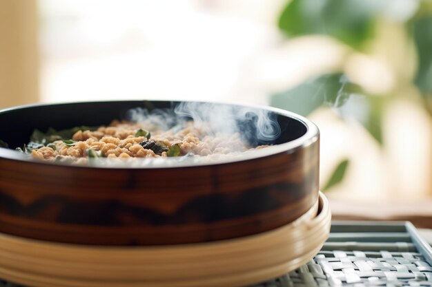 Steaming natto in bamboo steamer for a warm dish