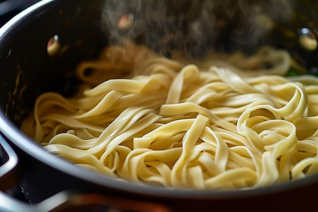 Steaming noodles being cooked in a pot