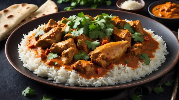 A steaming plate of aromatic chicken curry vibrant in color adorned with fresh cilantro leaves se