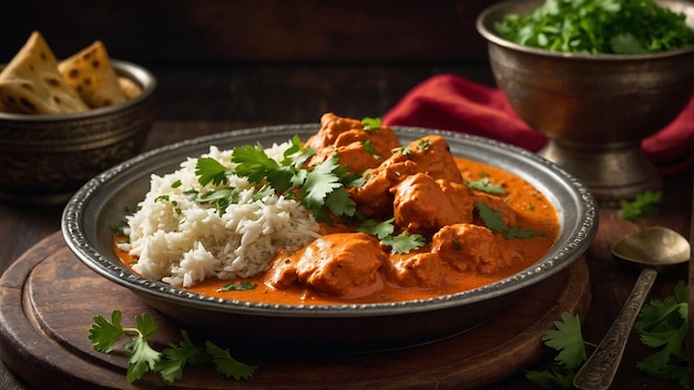 A steaming plate of butter chicken adorned with fresh cilantro leaves served alongside warm fluff