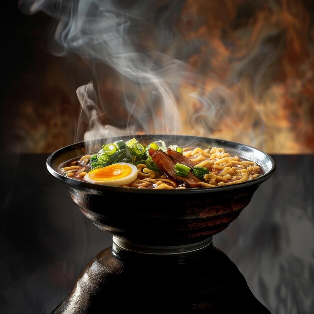 Steaming pork ramen with veggies and fire