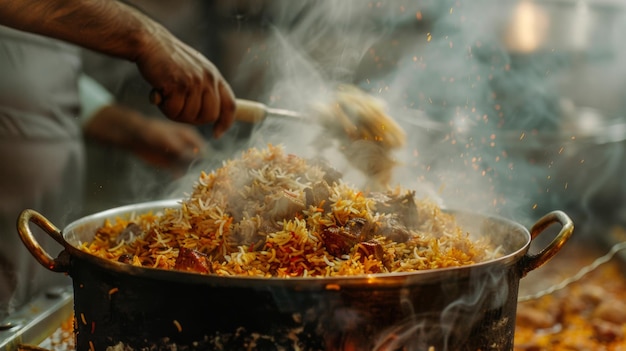 A steaming pot of aromatic biryani being prepared with layers of tender meat fragrant spices and fluffy rice promising a taste of culinary indulgence and tradition