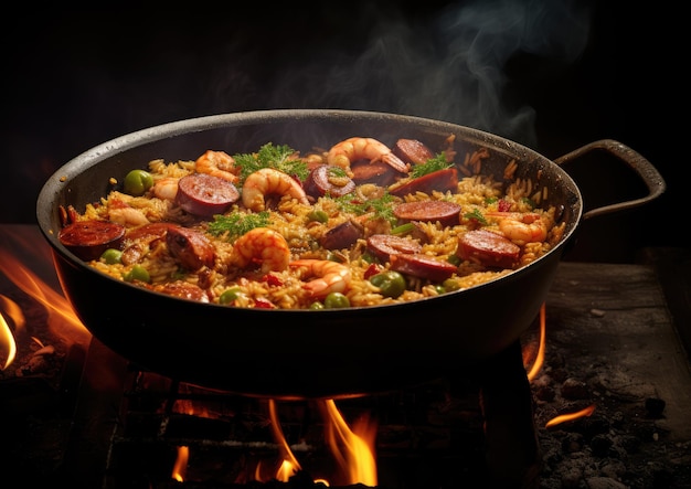 A steaming pot of jambalaya cooking over an open fire