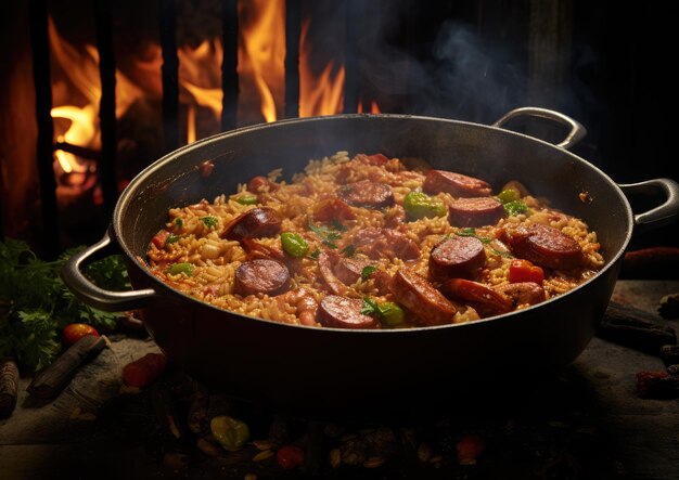 A steaming pot of jambalaya cooking over an open fire